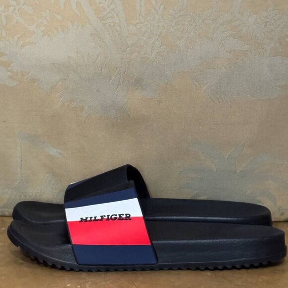 Tommy Hilfiger Signature Ring Slide Sandals 10 Black Red Blue White Striped Logo - Picture 5 of 7